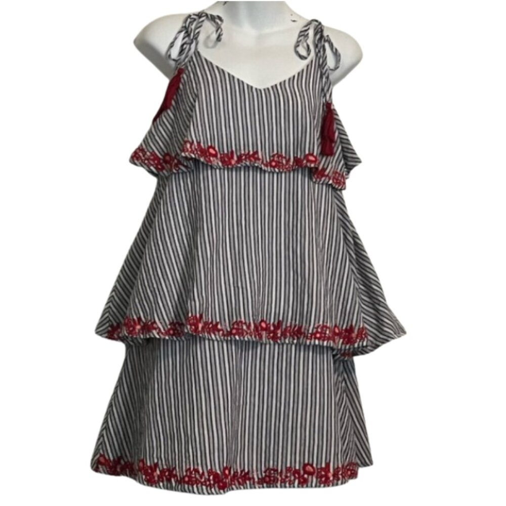 Andree by Unit Textured Stripe Tiered Mini Dress Embroidery Tassel Accents